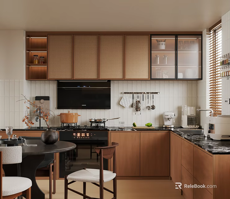 Warm Retro Wooden Kitchen With Rattan Cabinet Panels Built In Appliances And Cozy Dining Corner 3d model 