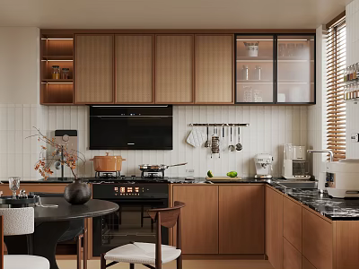 Warm Retro Wooden Kitchen With Rattan Cabinet Panels Built In Appliances And Cozy Dining Corner 3d model