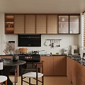 Warm Retro Wooden Kitchen With Rattan Cabinet Panels Built In Appliances And Cozy Dining Corner