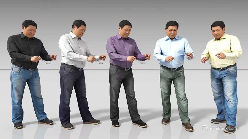Five Men In Different Shirts Holding Spoons Standing In Various Poses 3d model 