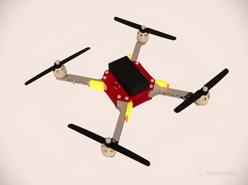 Red Quadcopter Drone Frame With Black Central Component And Four Propellers 3d model