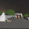 Garden Landscape with Outdoor Movie Screen White Cube Seats Teepee Tent and Nighttime Lighting