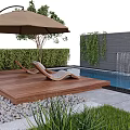 Serene Outdoor Swimming Pool Area With Wooden Deck Lounge Chairs Umbrella Tree Hedge And Waterfall