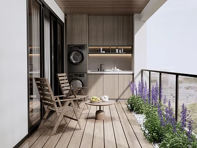 Cozy Home Balcony Design With Wooden Chairs Small Table Washing Machine And Purple Flowers 3d model