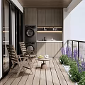 Cozy Home Balcony Design With Wooden Chairs Small Table Washing Machine And Purple Flowers