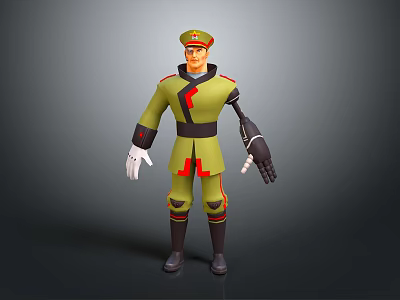 3D Military Character With Green Uniform Red Accents Hat And Mechanical Arm 3d model