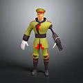 3D Military Character With Green Uniform Red Accents Hat And Mechanical Arm