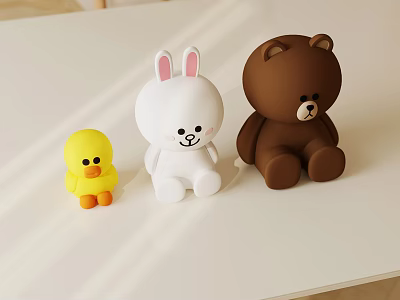 Adorable Plush Toys Display Yellow Duck White Rabbit Brown Bear on White Table 3d model