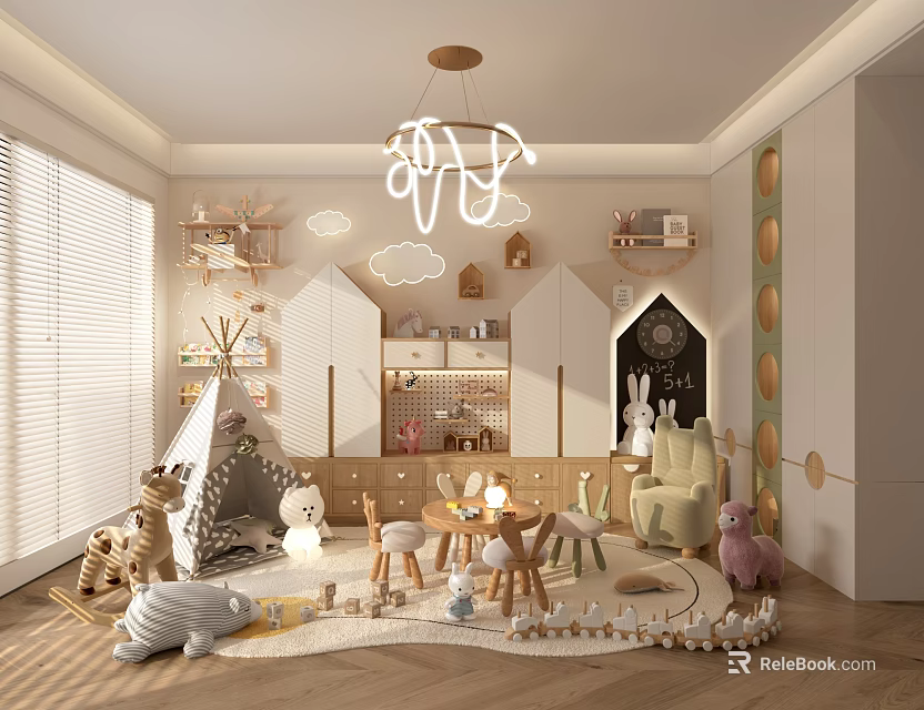 Whimsical Kids Playroom With Teepee Tent Stuffed Animals Small Table Chairs And Cloud Decorations 3d model 