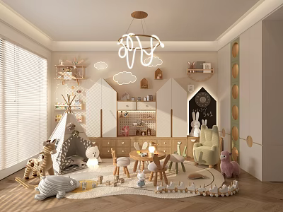 Whimsical Kids Playroom With Teepee Tent Stuffed Animals Small Table Chairs And Cloud Decorations 3d model