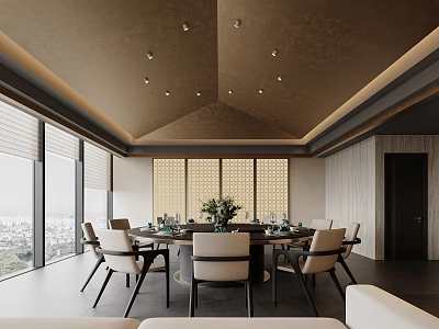 Modern Private Dining Room With Round Table Chairs Greenery And Panoramic Windows 3d model