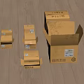 Open cardboard boxes of various sizes on wooden floor with labels and text