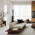 Modern Living Room Interior With White Sofa Wooden TV Wall Ceiling Fan And Window Blinds