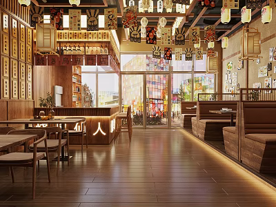 Traditional Japanese Restaurant Interior With Hanging Lanterns Wooden Tables And Cozy Dining Seats 3d model
