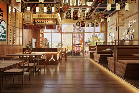 Japanese style Japanese food store Japanese food store table and chair bar stool chandelier Japanese style lantern Japanese style wall decoration Ukiyo-e doll ornaments 3d model