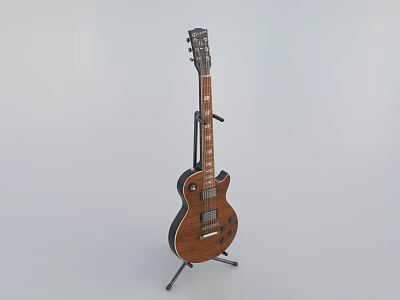 Elegant Wooden Guitar Standing On Adjustable Metal Stand In Music Studio 3d model