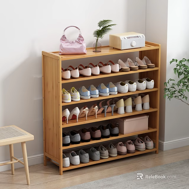 Wooden Multi Layer Shoe Rack with Shoes and Decorative Items on Top 3d model 