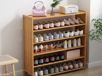 Wooden Multi Layer Shoe Rack with Shoes and Decorative Items on Top 3d model
