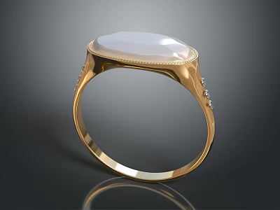 Elegant Gold Ring Featuring White Oval Gemstone And Decorative Side Accents 3d model
