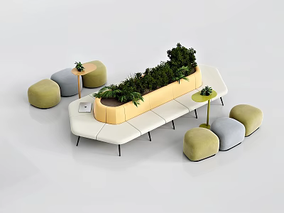 Modern Beige Green Curved Sofa Coffee Table Set With Small Round Stools And Long Planter 3d model