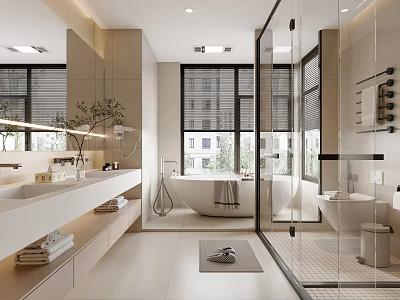 Modern Bathroom Interior Design With Glass Shower Enclosure Bathtub And Double Vanity 3d model