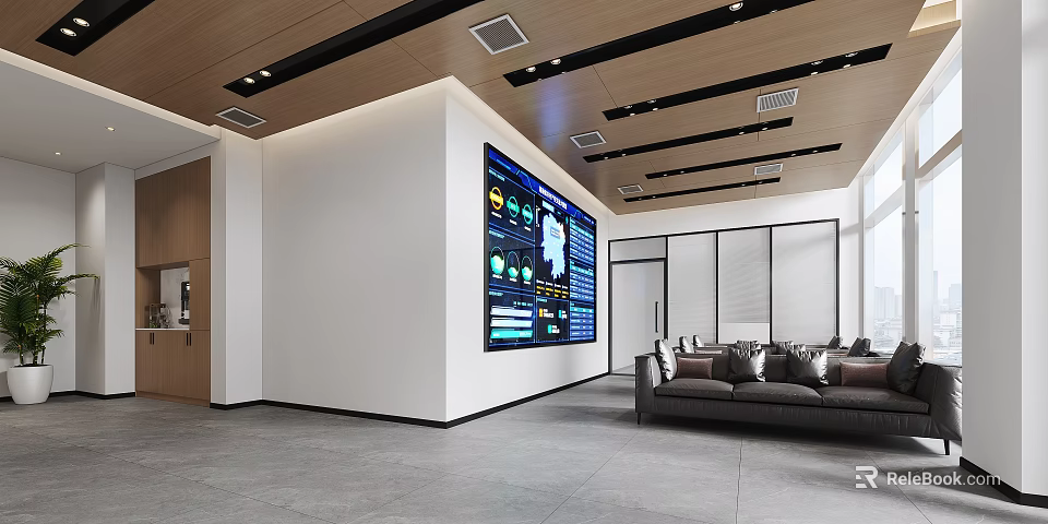 Modern Service Hall Interior With Digital Screen And Sofas 3d model 