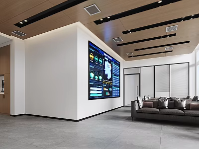 Modern Service Hall Interior With Digital Screen And Sofas 3d model