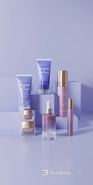 Lavender Coconut And Timeless Skincare Products With Purple Gold Packaging Displayed On Lavender Background Stands 3d model 
