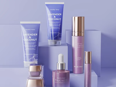 Lavender Coconut And Timeless Skincare Products With Purple Gold Packaging Displayed On Lavender Background Stands 3d model