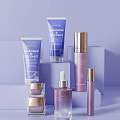 Lavender Coconut And Timeless Skincare Products With Purple Gold Packaging Displayed On Lavender Background Stands