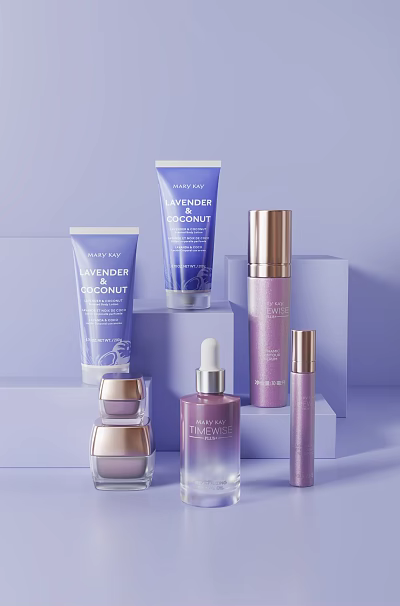 Lavender Coconut And Timeless Skincare Products With Purple Gold Packaging Displayed On Lavender Background Stands 3d model