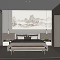 Modern Style Bedroom Interior With Landscape Painting Bed Nightstands And Pendant Lights
