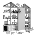 Wooden Kids Bookcase With Stuffed Animals Books Hand-Drawn Chalkboard Toy Plane And Decorations