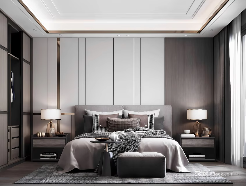 Elegant Modern Bedroom Interior With Gray Tones Large Bed Nightstands Table Lamps And Area Rug 3d model 