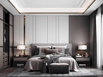 Elegant Modern Bedroom Interior With Gray Tones Large Bed Nightstands Table Lamps And Area Rug 3d model