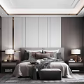 Elegant Modern Bedroom Interior With Gray Tones Large Bed Nightstands Table Lamps And Area Rug