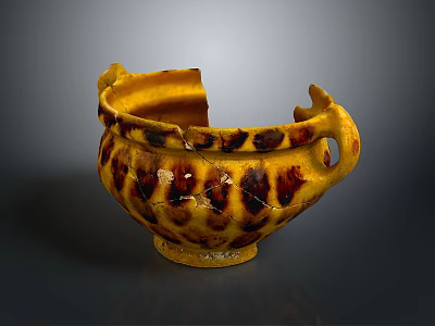 Ancient Yellow Pottery Sculpture Carving With Spotted Pattern And Broken Handles 3d model