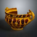 Ancient Yellow Pottery Sculpture Carving With Spotted Pattern And Broken Handles