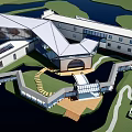 Modern Sales Office Building Geometric Roof Design With Waterfront Lawn And Wooden Deck