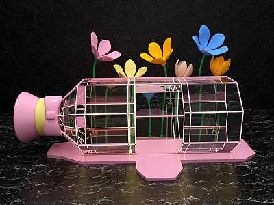 Unique Transparent Bottle Shaped Frame With Colorful Flowers On Pink Base 3d model