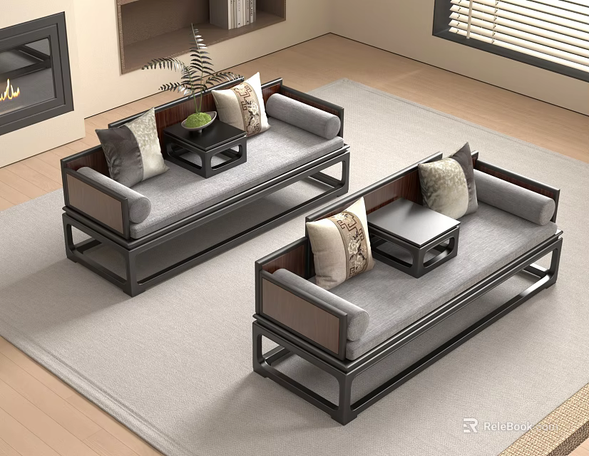 Two Wooden Luohan Daybeds With Decorative Pillows In Living Room With Fireplace And Window 3d model 