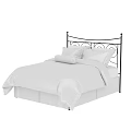 Double Bed with Black Metal Headboard White Striped Bedspread and Pillows in Modern Bedroom Setting
