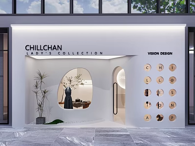 CHILLCHAN Ladies Collection Storefront Design with Arched Window Clothing Display and Circular Icons 3d model