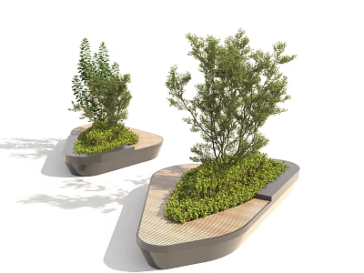 Stylish Triangular Outdoor Chairs With Wooden Surfaces And Lush Green Plants 3d model