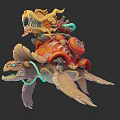 Warrior Riding Giant Decorative Turtle With Orange Shell Yellow Patterns And Green Accents 3d model