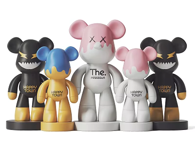 Trendy Cartoon Bear Sculptures With Various Colors And Happy Today Text Elements 3d model