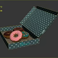 Open Blue Polka Dot Doughnut Box With Colorful Doughnuts Inside