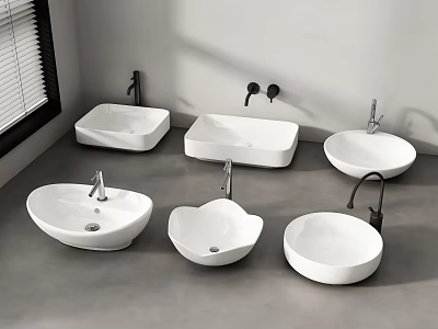 Modern White Wash Basins on Gray Countertop with Various Shapes and Faucets 3d model