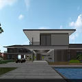 Modern Detached Villa Featuring Swimming Pool Large Glass Windows And Landscaped Lawn