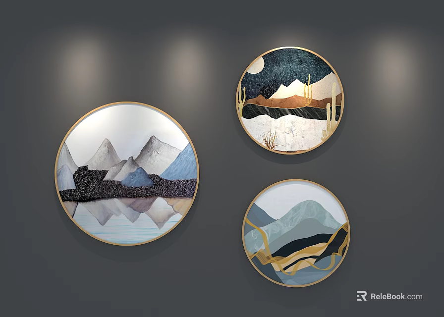 Round Framed Mountain Landscape Paintings With Gold Borders For Wall Decor 3d model